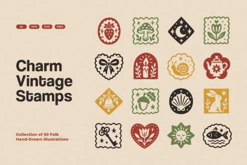 Charm Vintage Stamps icon collection with strawberry, mushroom, moon, teapot, rabbit designs