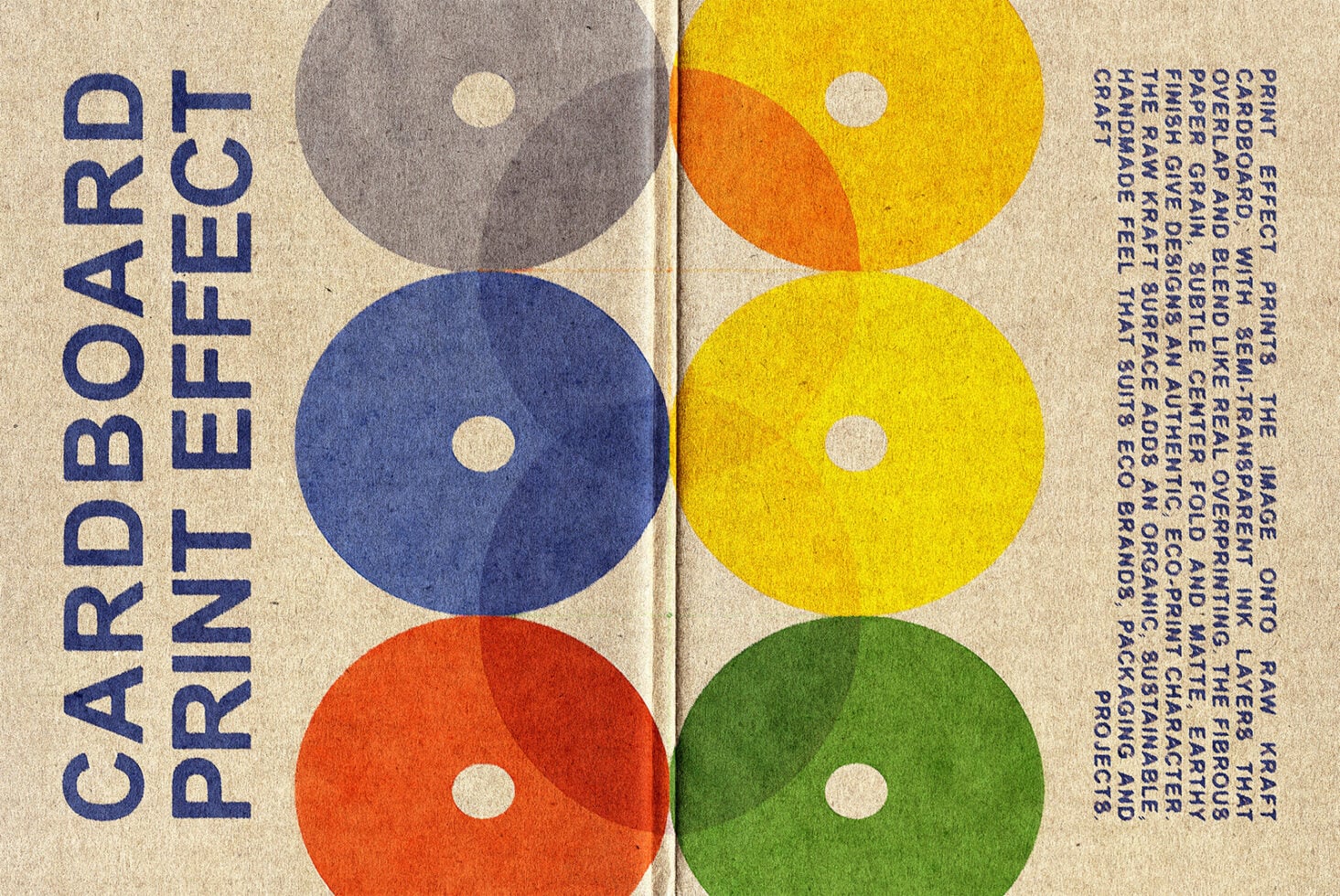 Vintage cardboard packaging with bold geometric circles in navy, yellow, orange, red, green against cream background with text overlay