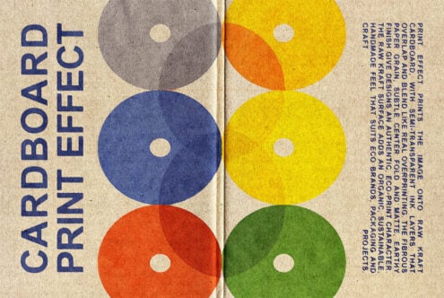 Vintage cardboard packaging with bold geometric circles in navy, yellow, orange, red, green against cream background with text overlay
