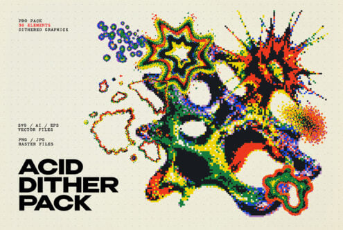 Pixelated acid dither graphics pack with glitchy stars, splatters, circles in neon colors