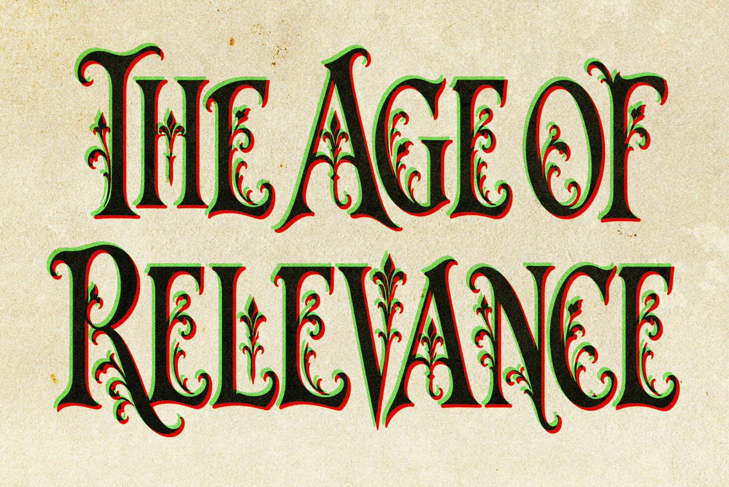 Ornate vintage font with red, green, black strokes on aged paper texture background