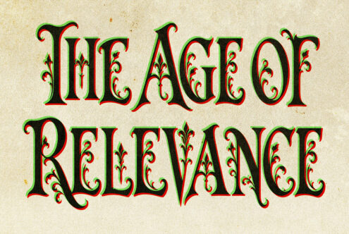 Ornate vintage font with red, green, black strokes on aged paper texture background