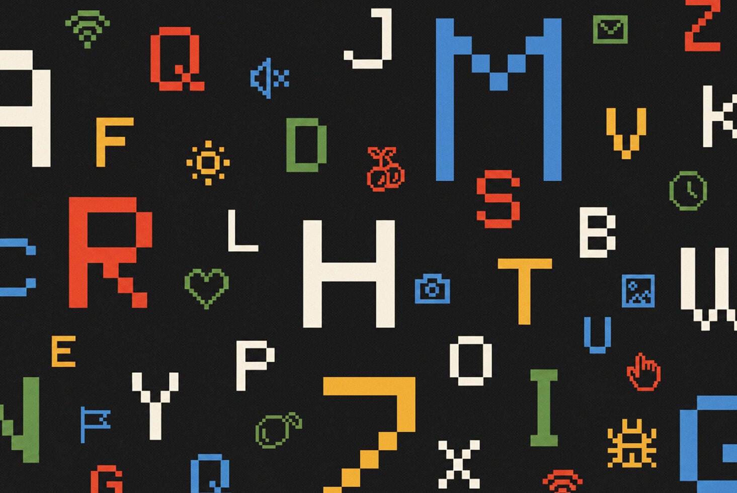 Retro pixel art icon collection scattered on black background with colorful letters, symbols, ui elements