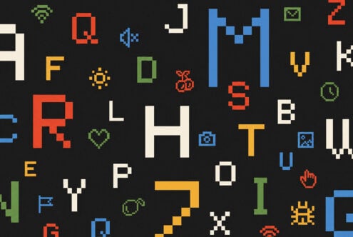 Retro pixel art icon collection scattered on black background with colorful letters, symbols, ui elements