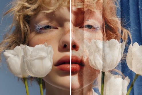 Close-up of woman's face with white tulips, one side sharp photo, other side textured canvas effect