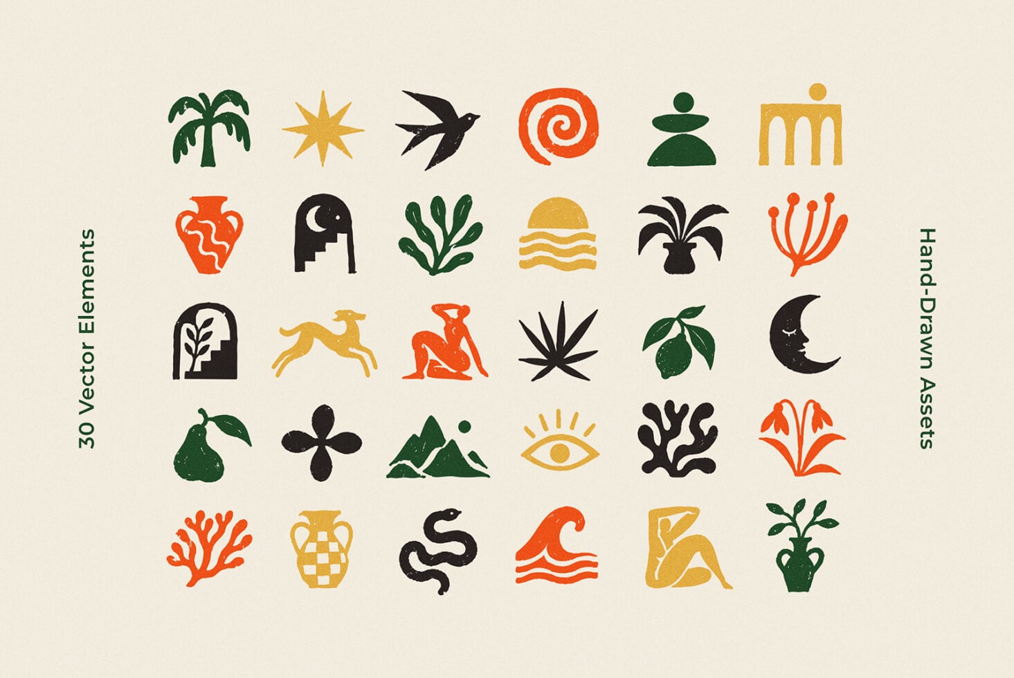 Bold retro icon collection with nature, architecture, mystical symbols in earthy tones