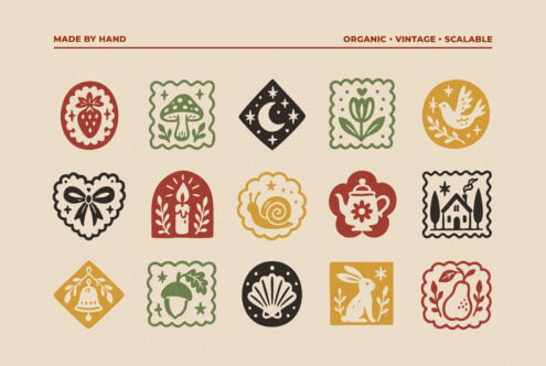 Hand drawn icon set with strawberries, mushrooms, moons, candles, rabbits, bells, cottages in retro colors