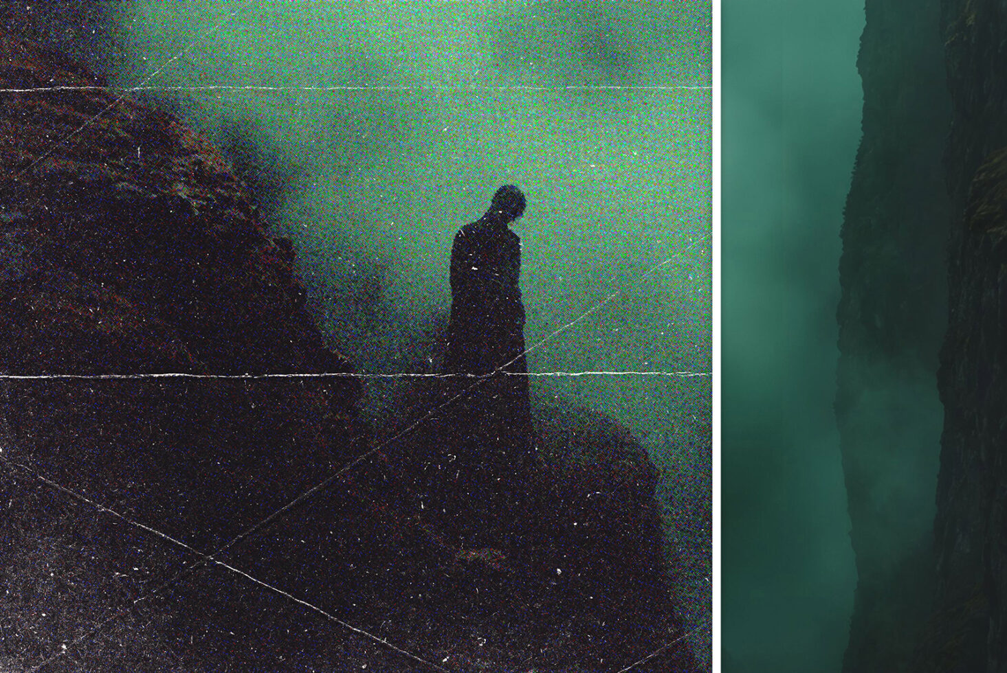 Silhouette figure standing in neon green glitch space with scan lines crossing through dark moody atmosphere