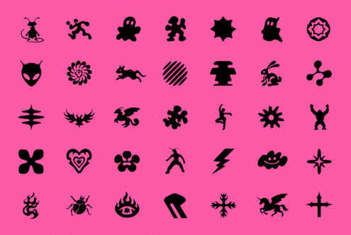 Y2K icon collection with aliens, creatures, stars, lightning on hot pink