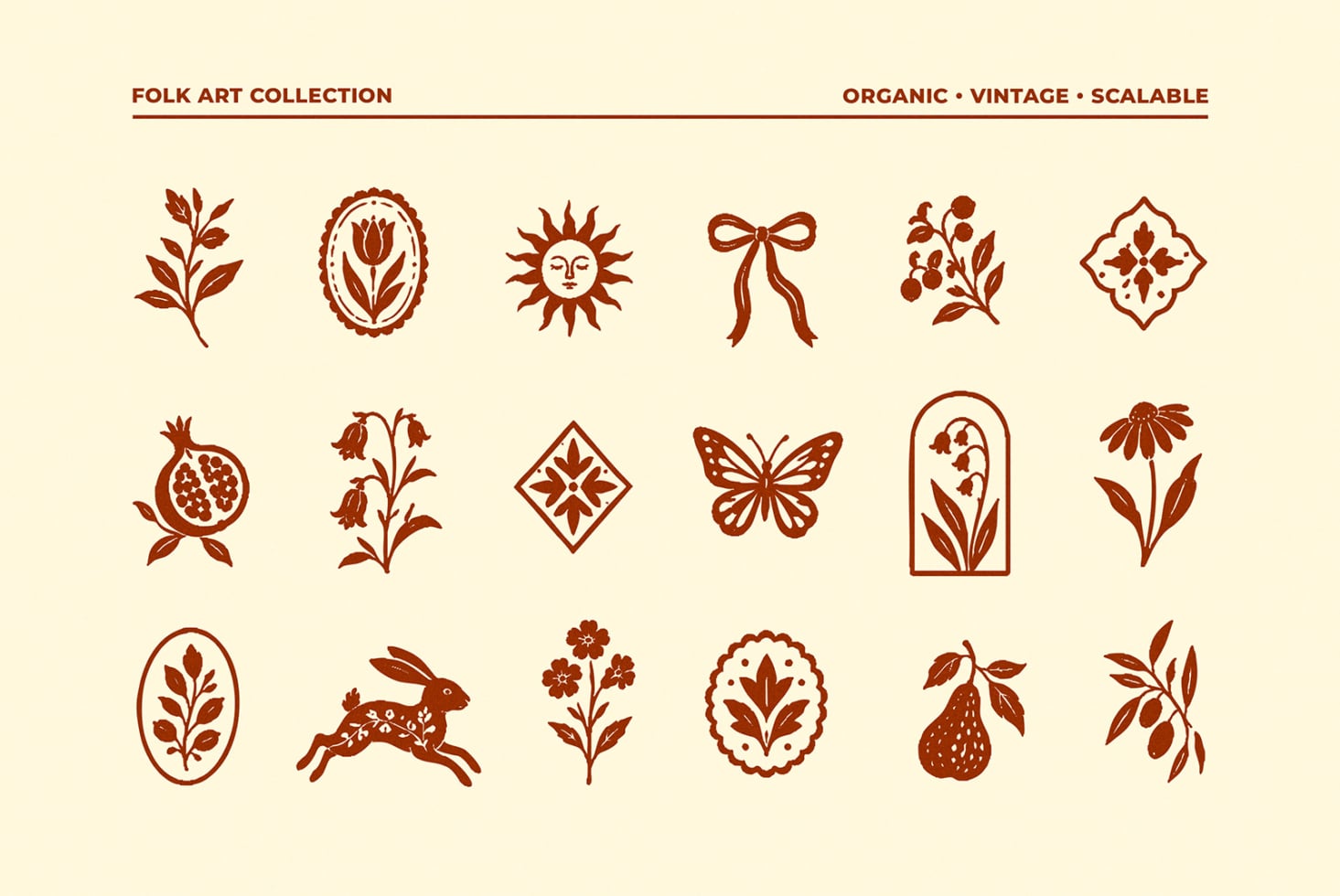Folk art collection with rustic botanical, celestial, animal motifs in burnt orange