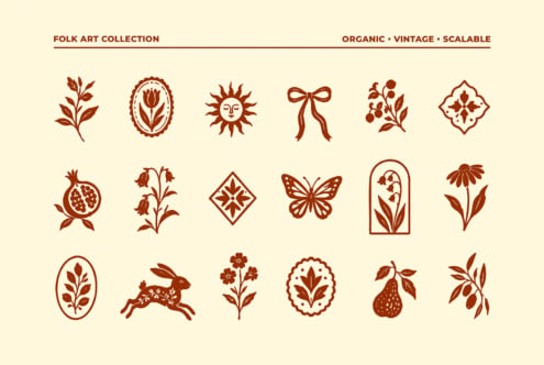 Folk art collection with rustic botanical, celestial, animal motifs in burnt orange