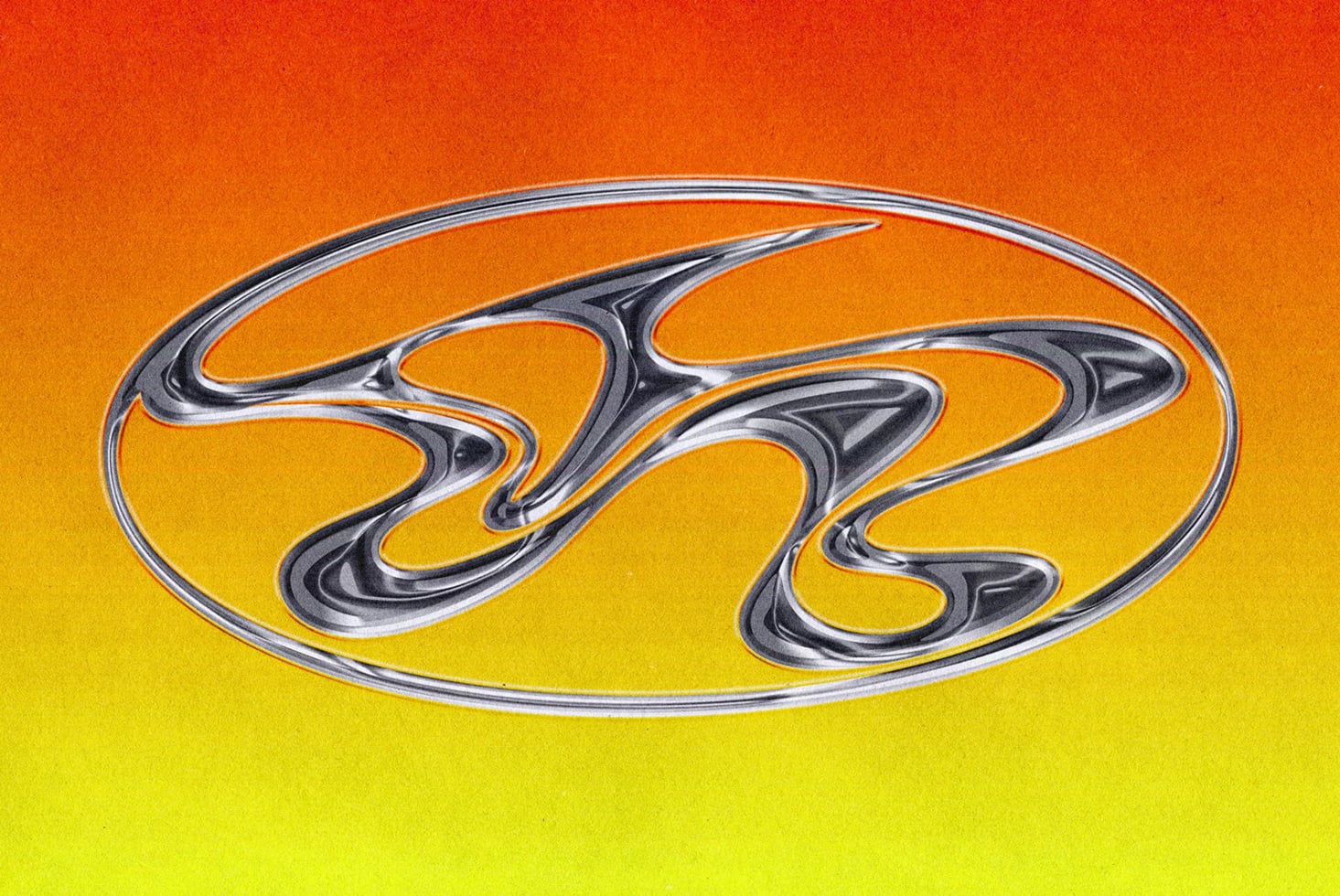 Liquid chrome logo badge with organic flowing shapes on vibrant orange to yellow gradient background