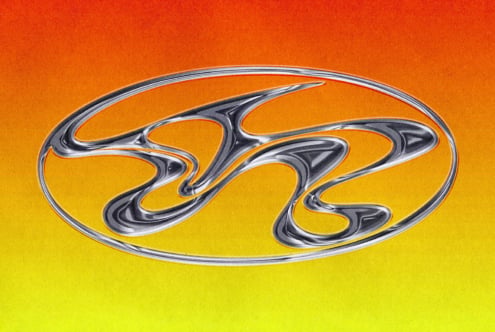 Liquid chrome logo badge with organic flowing shapes on vibrant orange to yellow gradient background