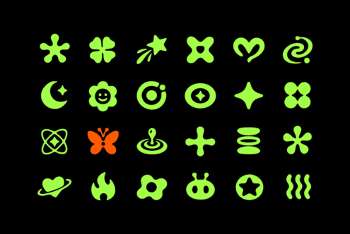 Neon lime icon set with playful symbols like stars, hearts, flowers, butterfly on black background
