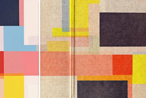 Colorful fabric swatches layered in bold rectangles with textures ranging from linen to wool blends