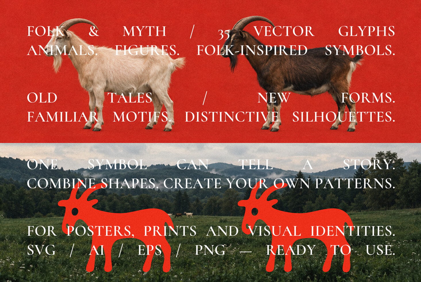 Folk mythology vector glyph pack with goats, creatures, plus folk-inspired symbols for designs