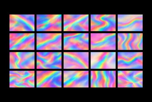Holographic gradient backgrounds with rainbow blurs in 20 swirling variations