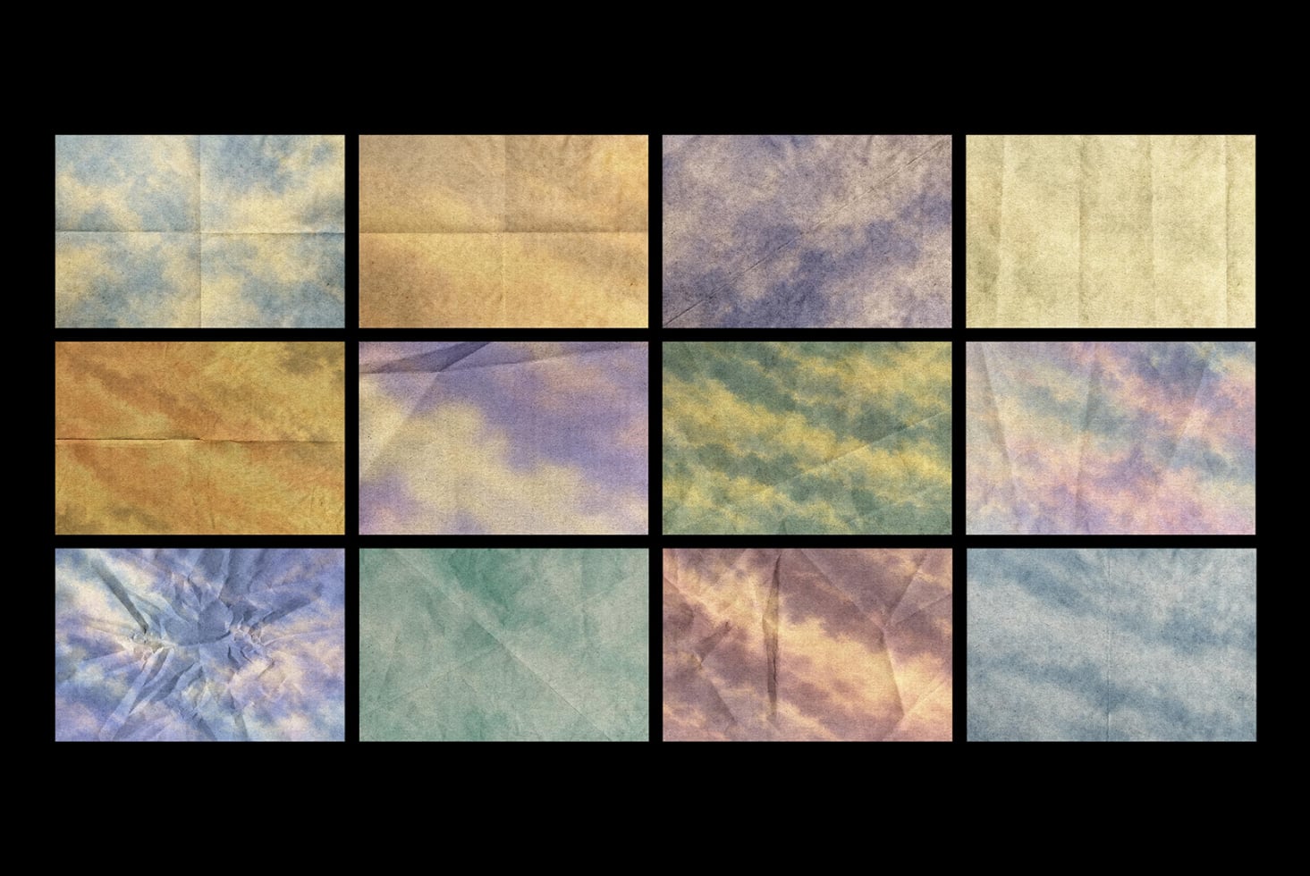 Soft watercolor texture pack with 16 vintage-inspired backgrounds in muted pastels, blues, greens, purples