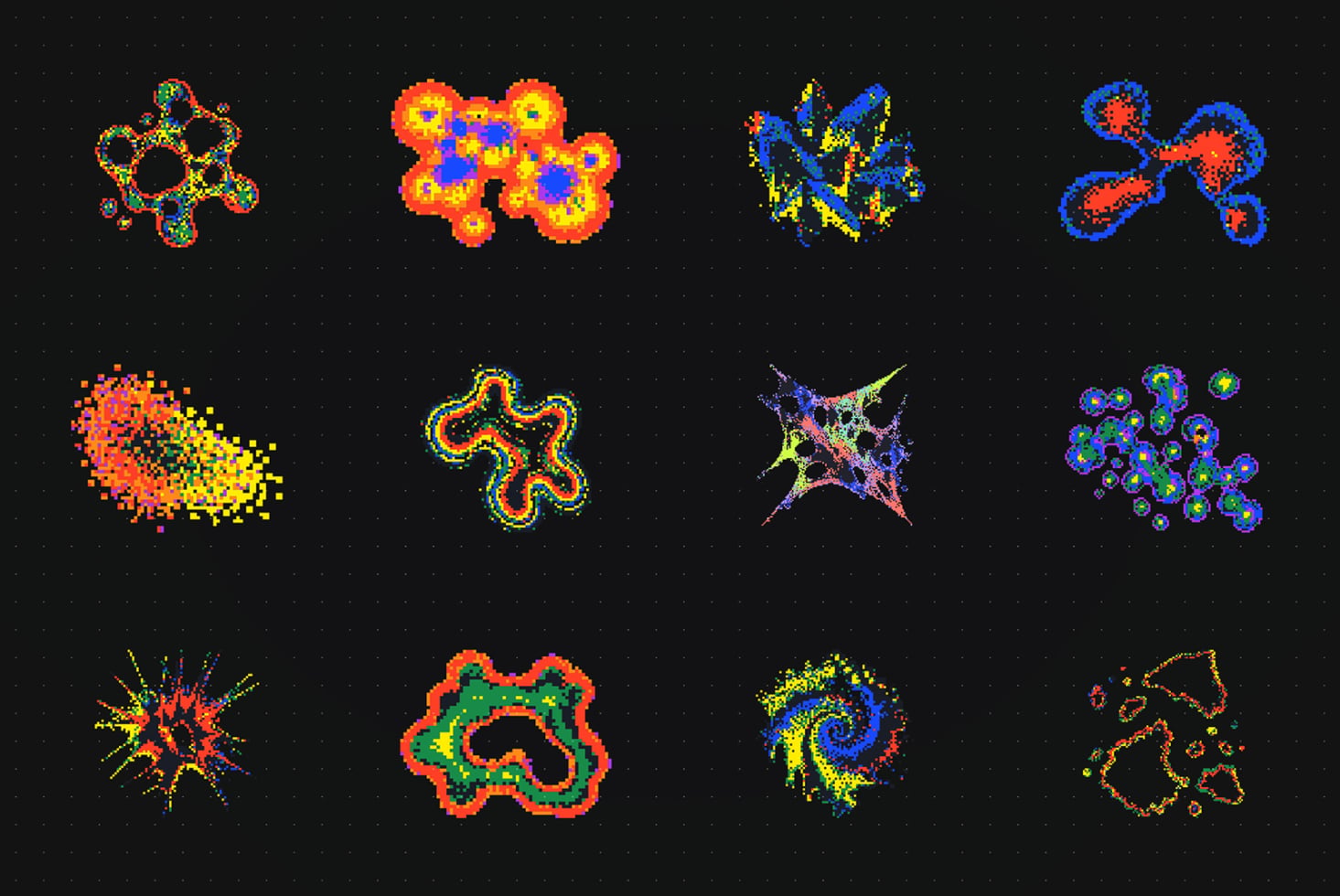 Colorful pixel art fractal shapes with neon outlines on black background, retro digital style
