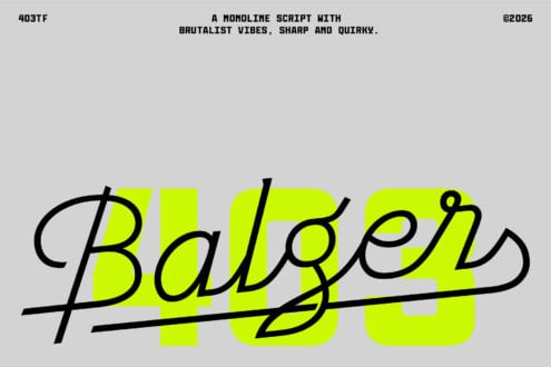 Neon yellow geometric shapes with bold black script lettering spelling out typography sample