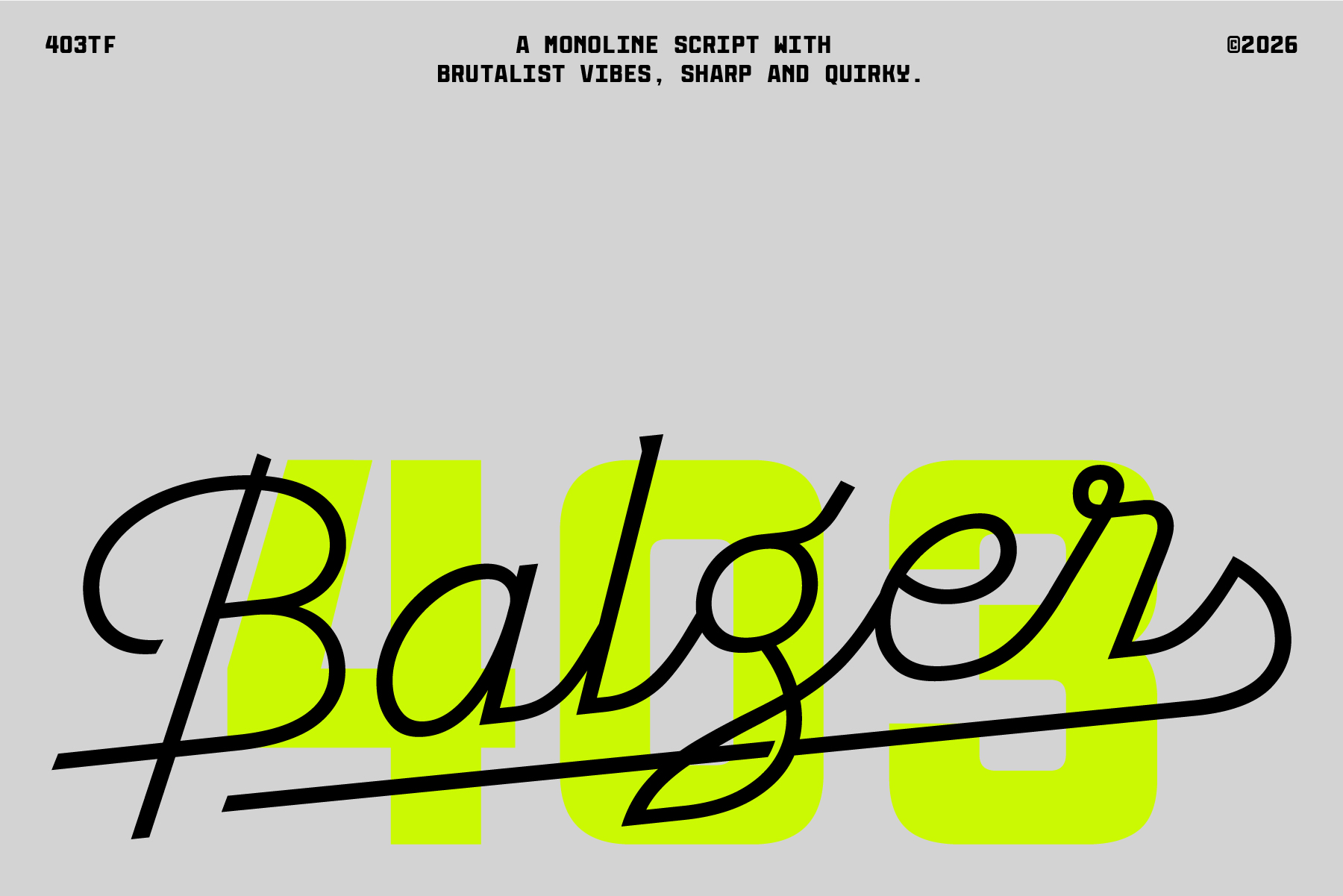 Neon yellow geometric shapes with bold black script lettering spelling out typography sample