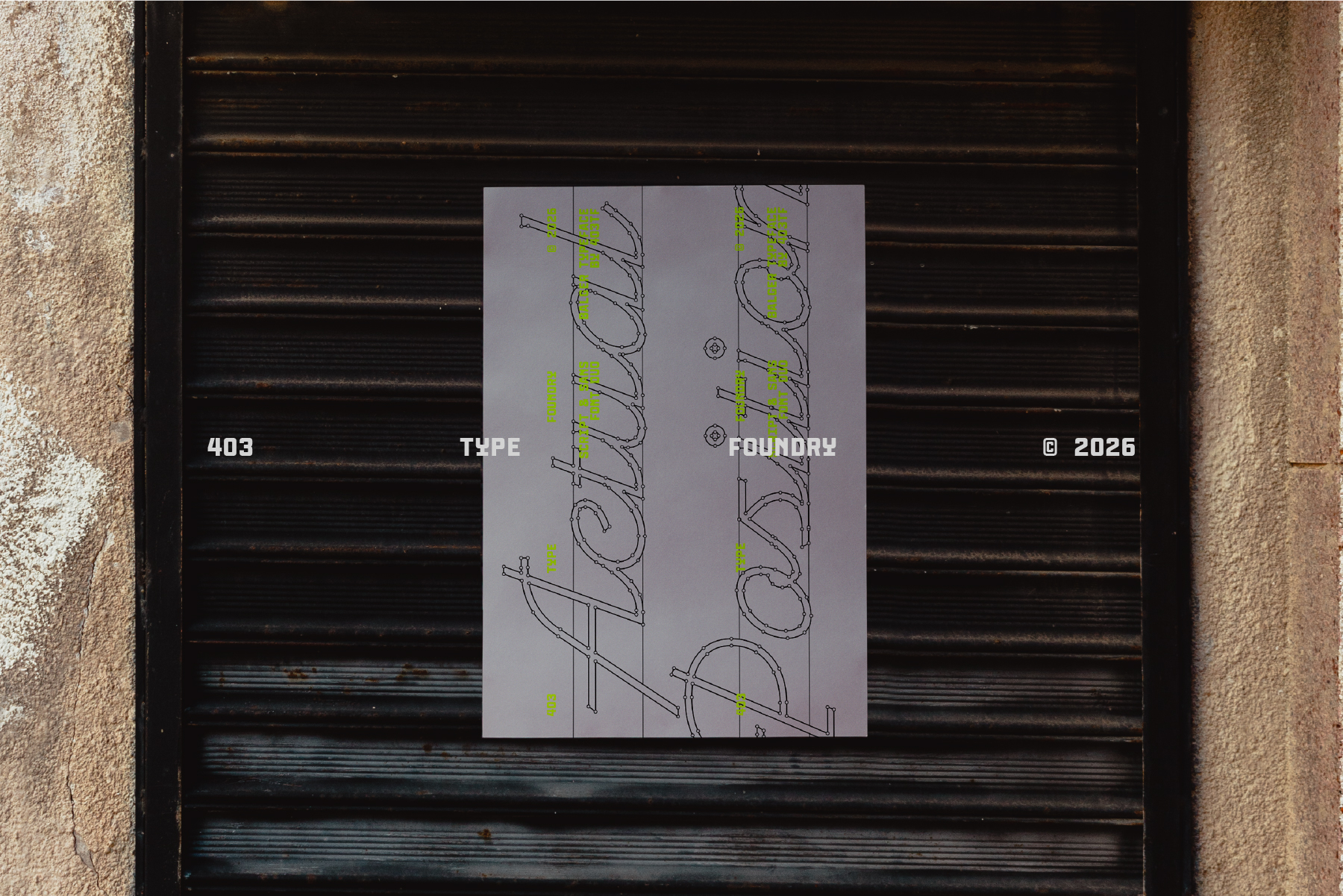 Poster mockup on weathered metal shutter showing neon green type design with technical line drawings