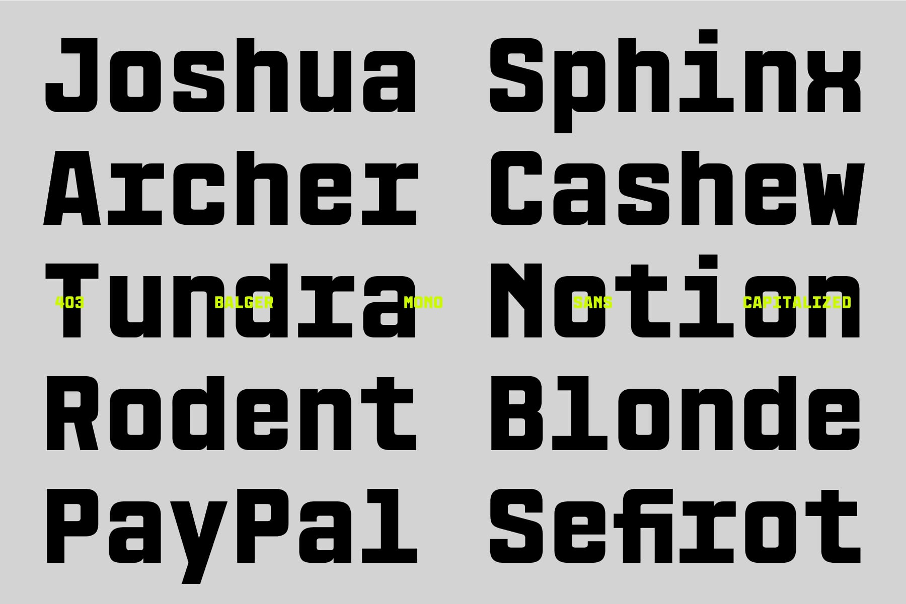 Bold monospace font display showing Joshua Sphinx Archer Cashew Tundra Notion Rodent Blonde PayPal Serif