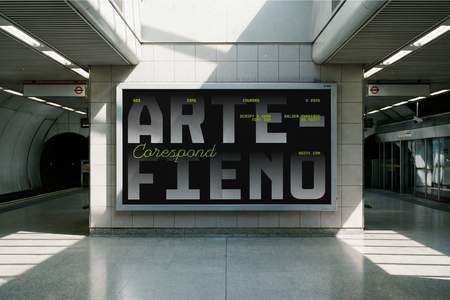 Billboard mockup in subway station with bold geometric typeface, neon yellow accents, modern industrial setting