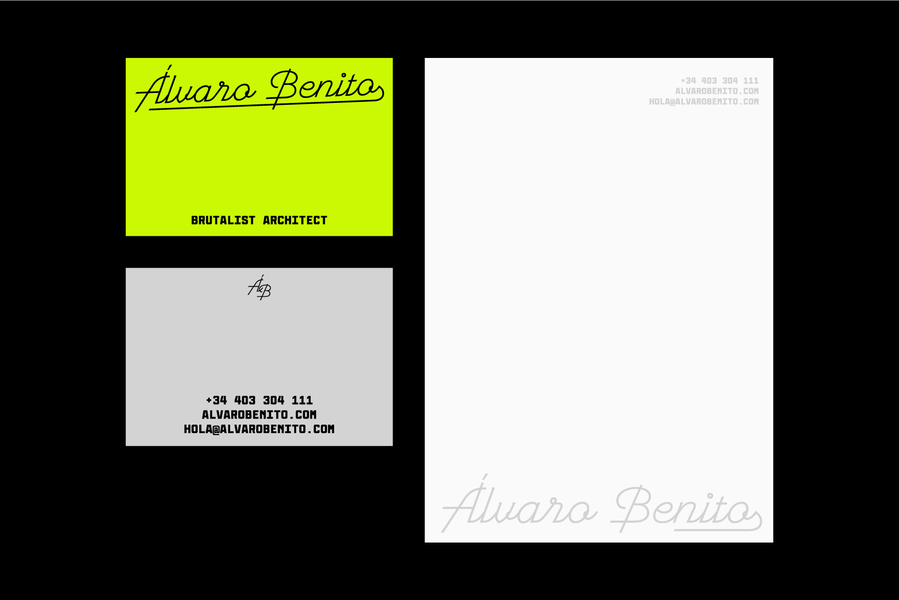 Minimalist business card mockup with neon yellow front, gray back, cursive signature logo