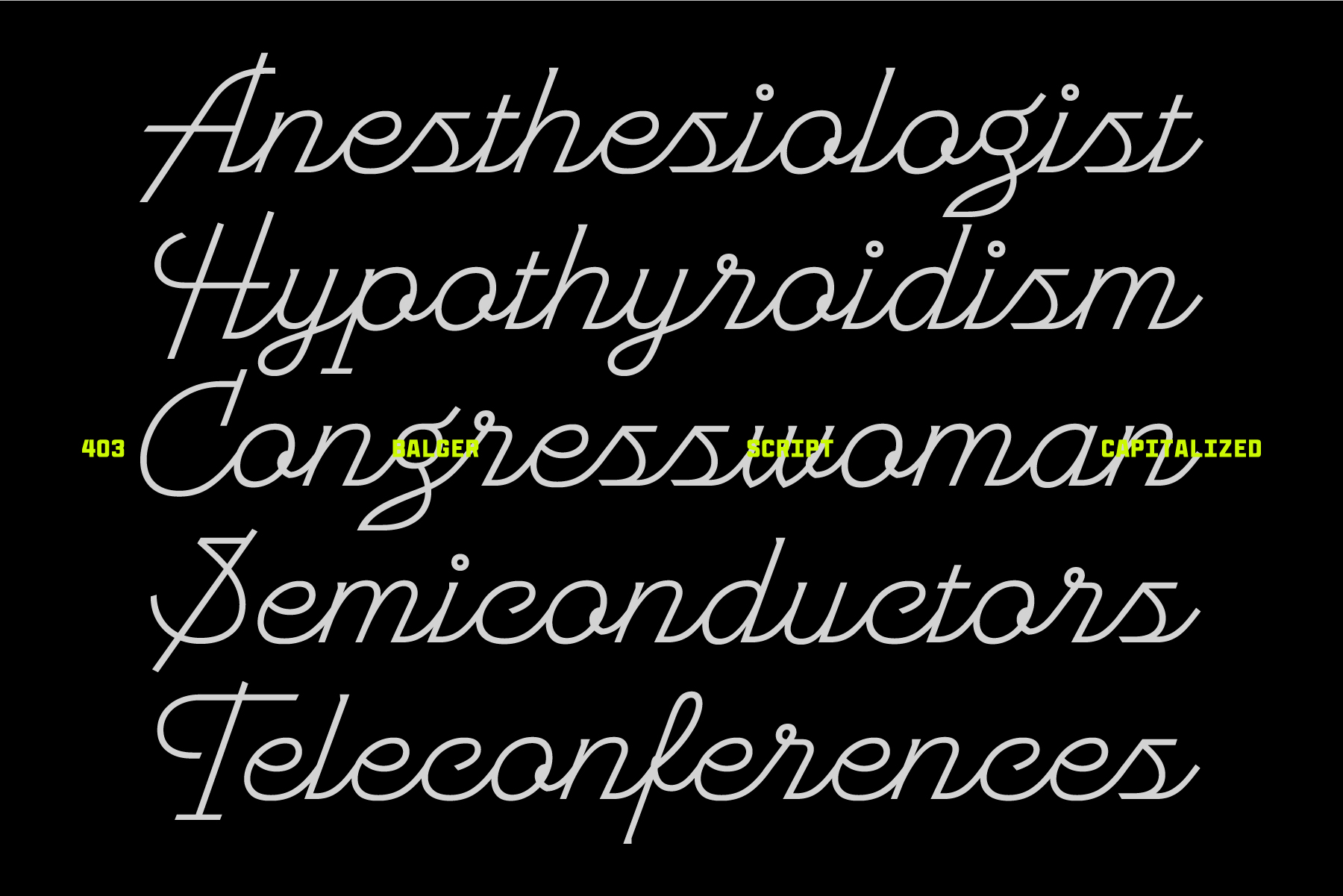 Elegant italic script font sample with medical terminology on black background