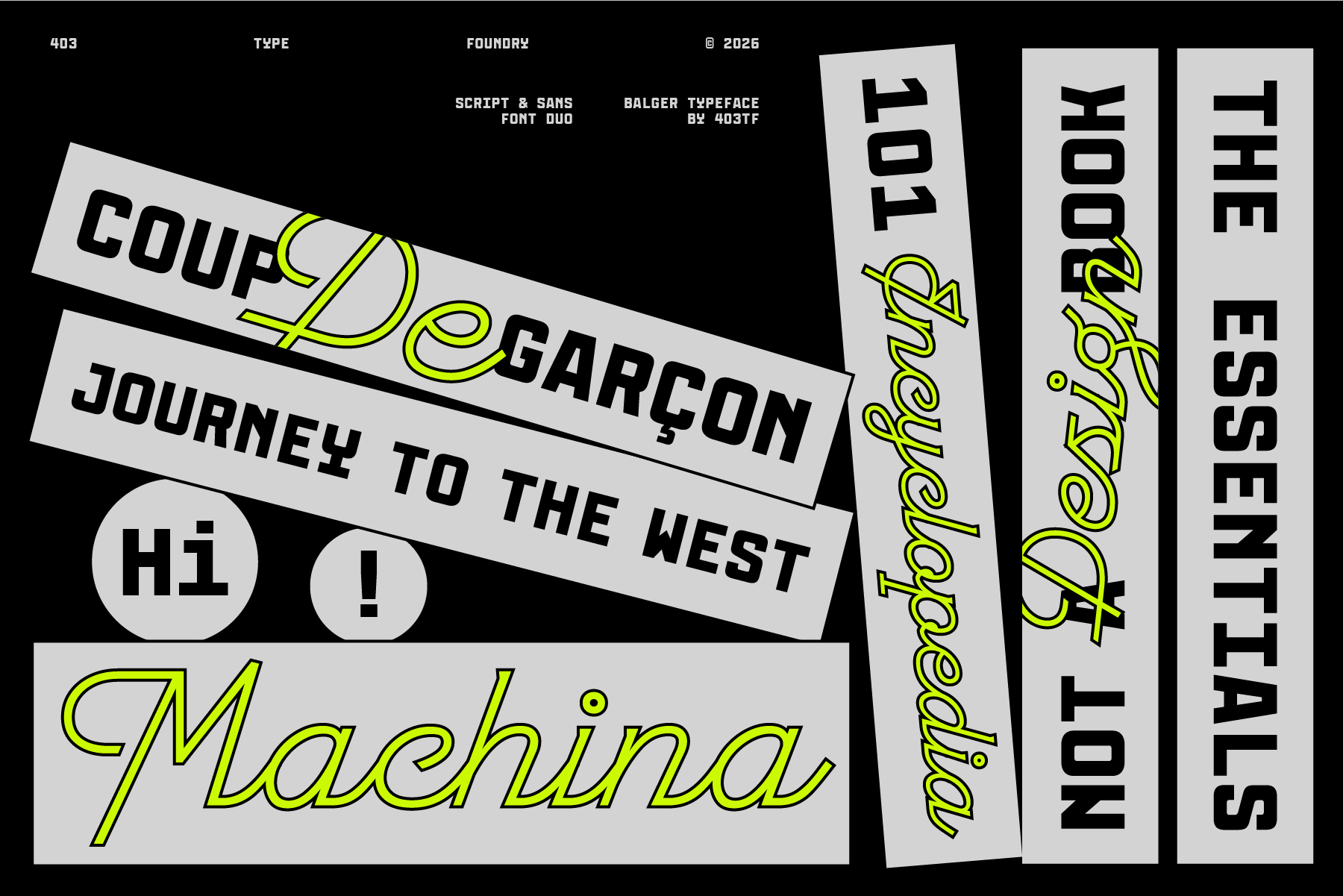 Balger typeface specimen with neon yellow accents on black background showing bold letters