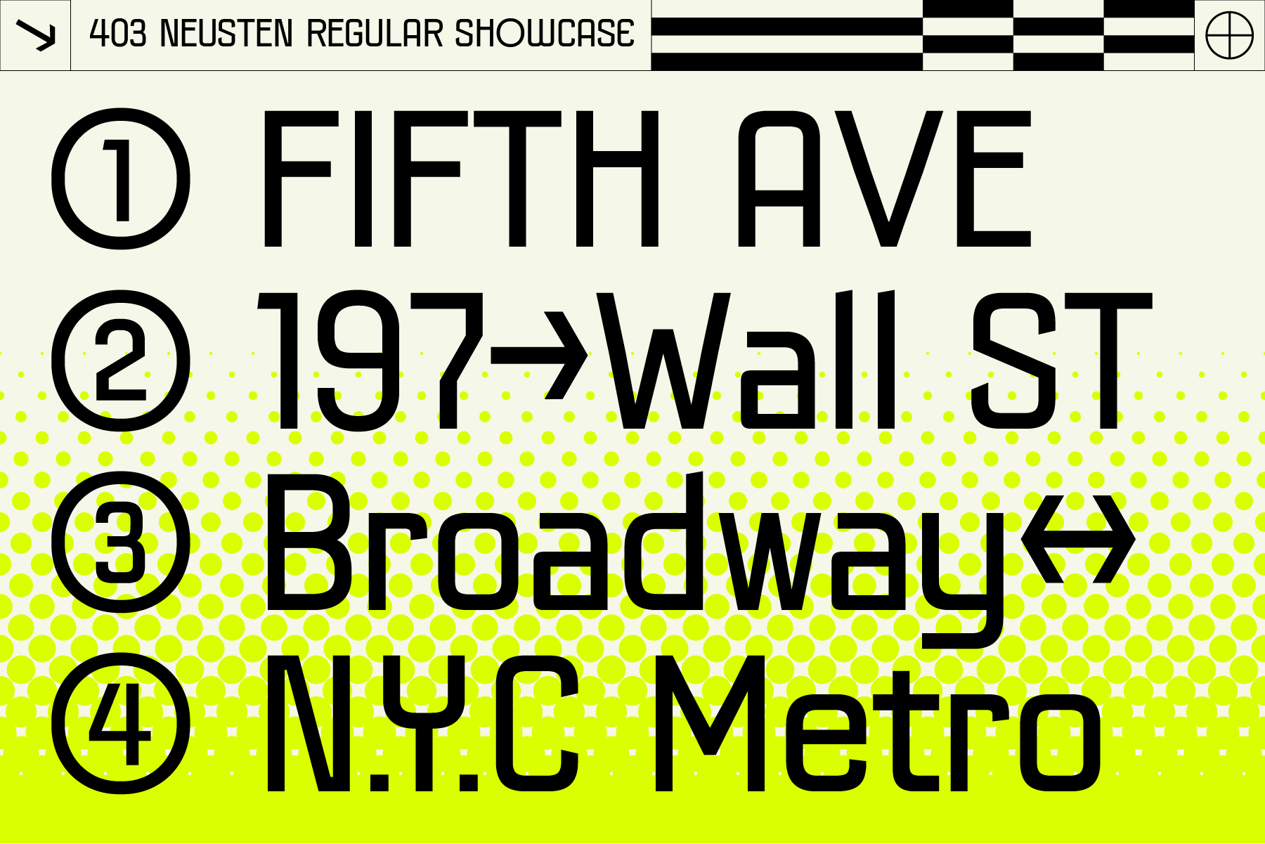 Neusten Regular font showcase displaying four NYC locations with neon yellow gradient background