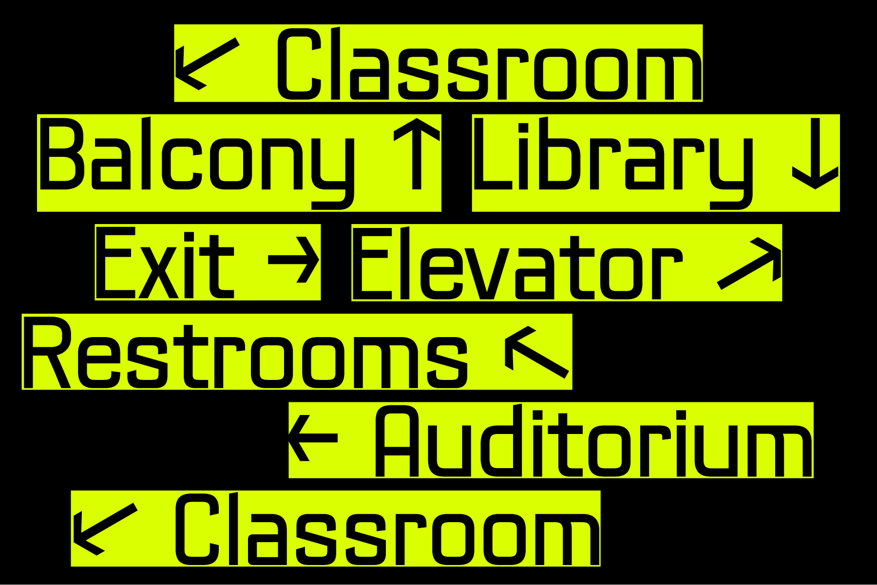 Neon yellow wayfinding signs with directional arrows for school building locations