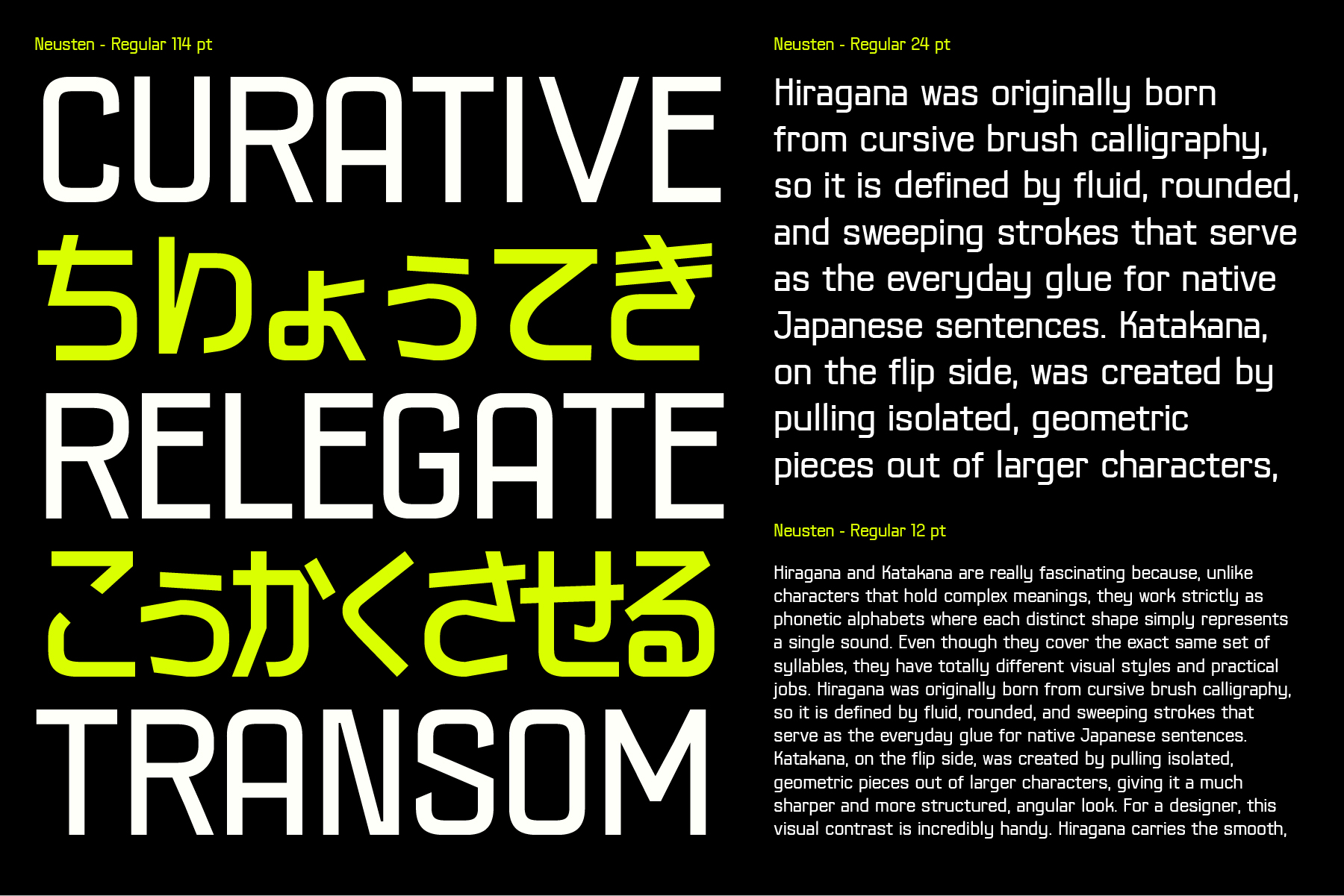 Neusten font paired with hiragana katakana typography on black background