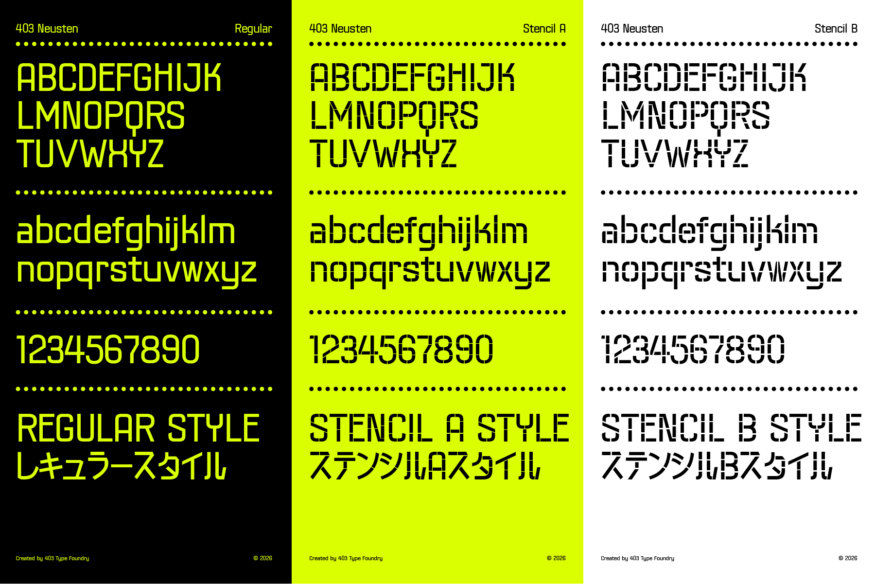 403 Neusten font family showing regular weight plus two stencil variations in neon yellow