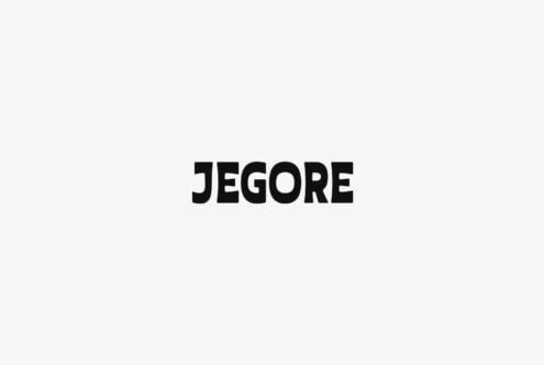 Bold black sans serif typeface spelling out Jegore on light gray background