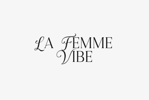 Elegant serif font displaying "La Femme Vibe" text with decorative flourishes on cream background