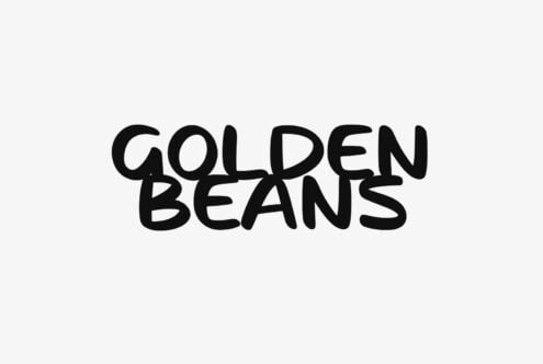 Bold black "Golden Beans" text on light gray background with playful hand-drawn style lettering