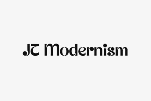 JC Modernism serif font with geometric dot detail on light background
