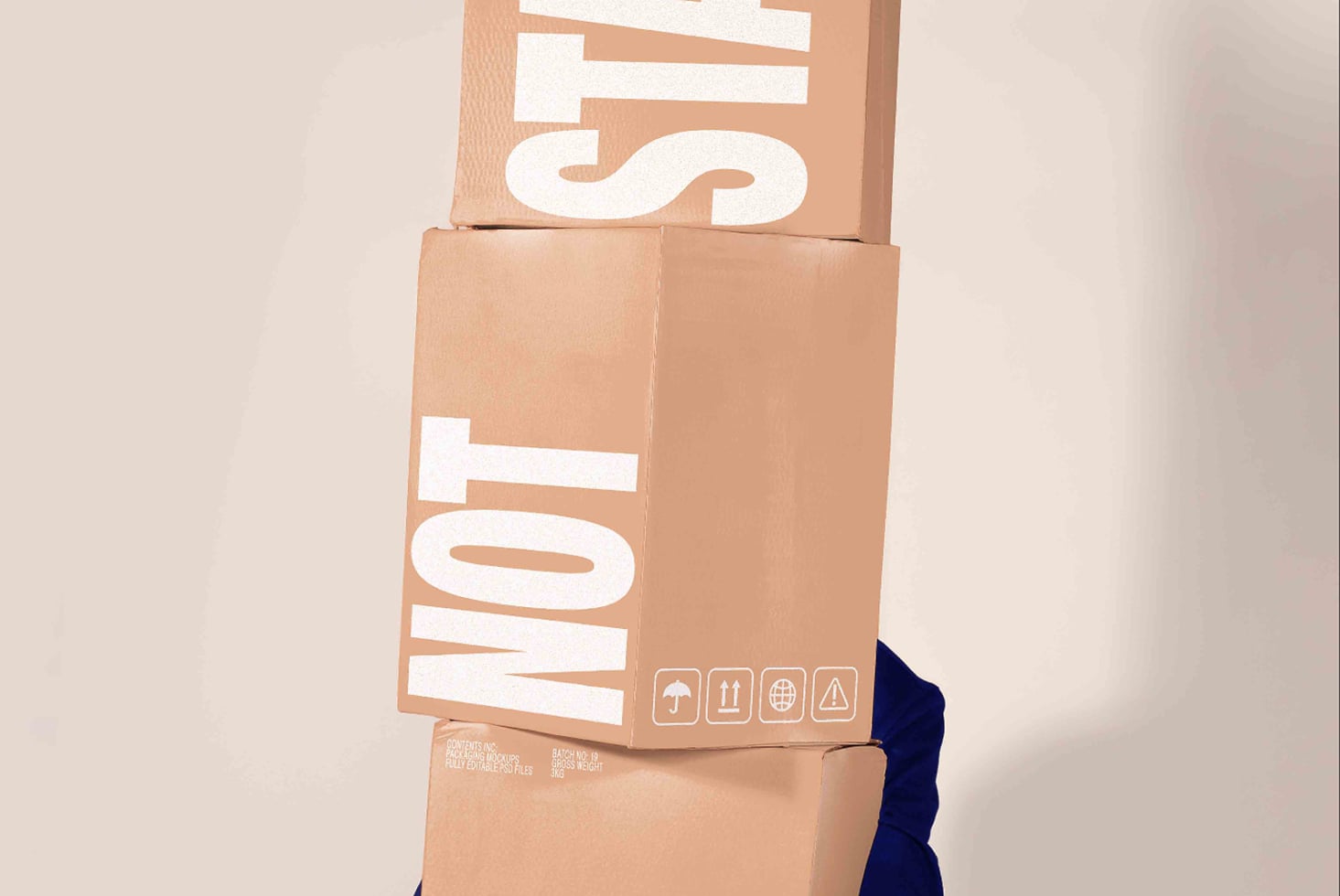 Stacked cardboard boxes with bold white typography, shipping symbols, minimal neutral aesthetic
