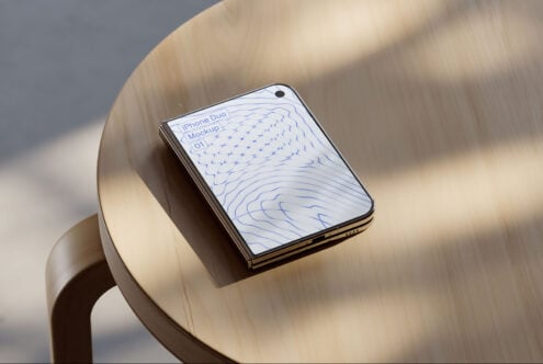 iPhone Duo mockup sitting on cream ceramic chair with natural shadow overlay