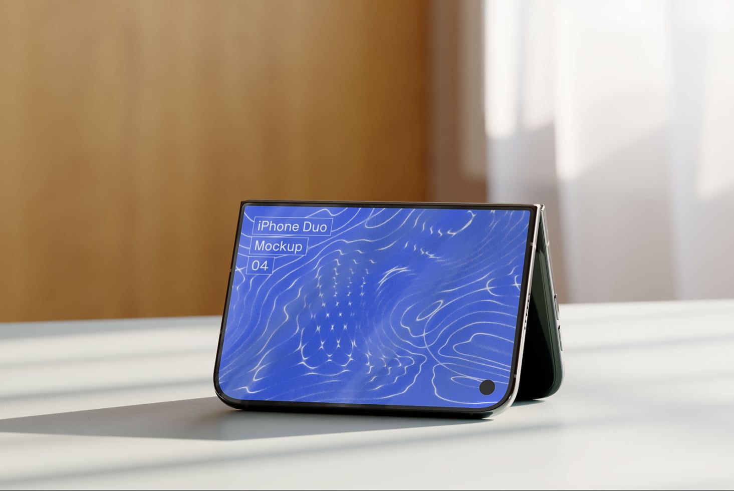 Foldable iPhone mockup with blue wavy pattern on screen, open position with warm studio lighting