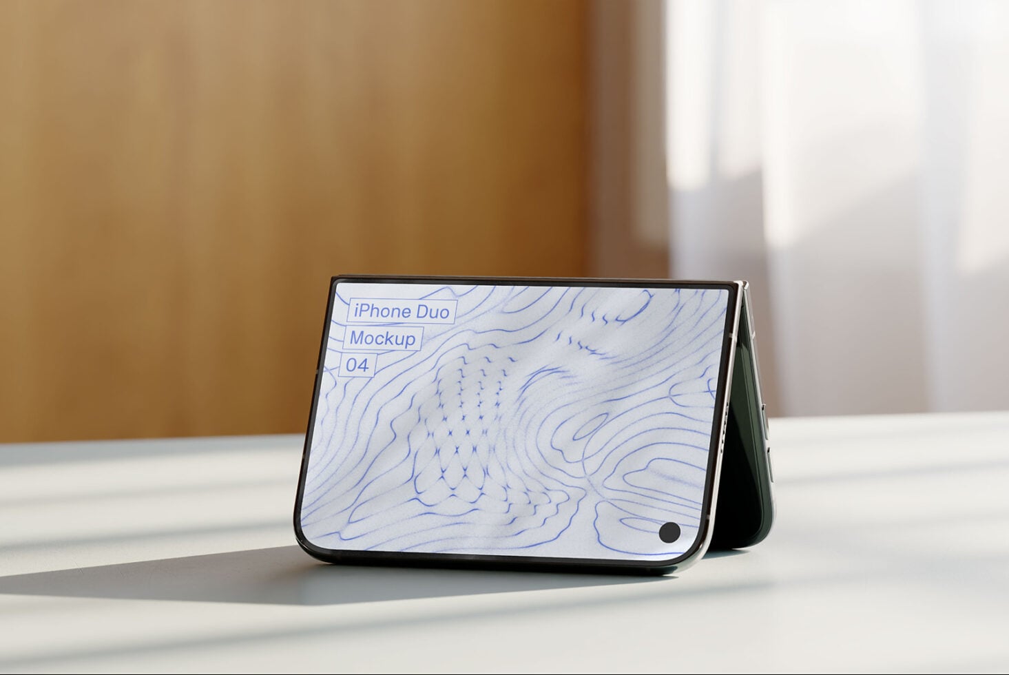Folded iPhone Duo mockup displaying blue topographic line art pattern on screen