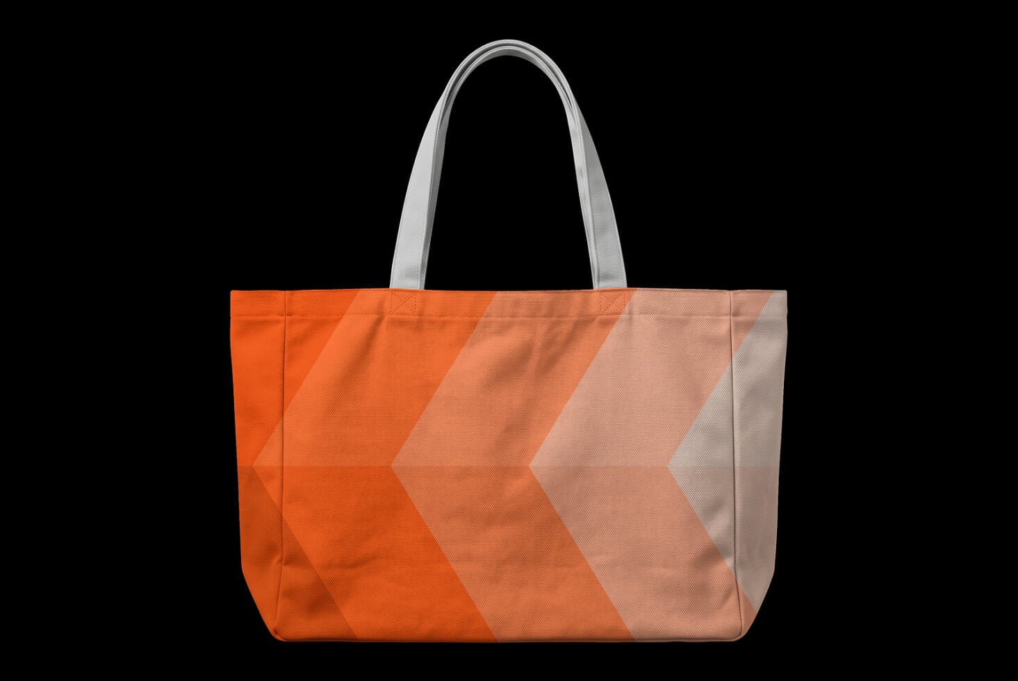 Oversized tote bag with bold orange to neutral gradient chevron pattern on black background
