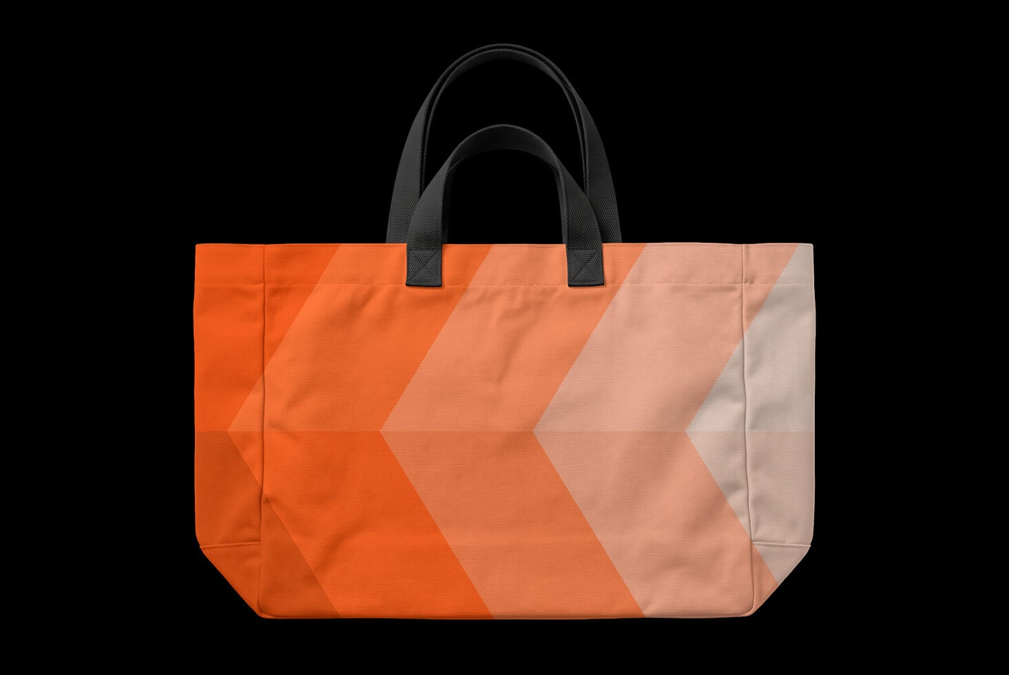 Orange gradient tote bag mockup with black handles on black background