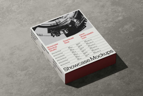 Box mockup with architectural photo on concrete surface showing branding