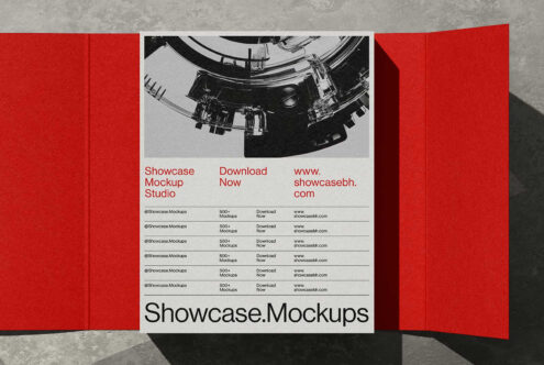 Red trifold brochure mockup with industrial B&W photo, data table, bold typography on concrete background