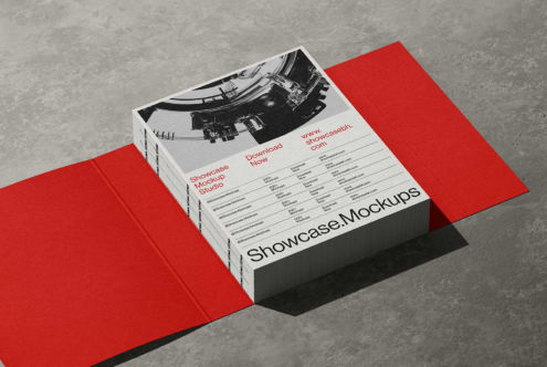 Open book mockup with red covers on concrete backdrop showing black white interior pages