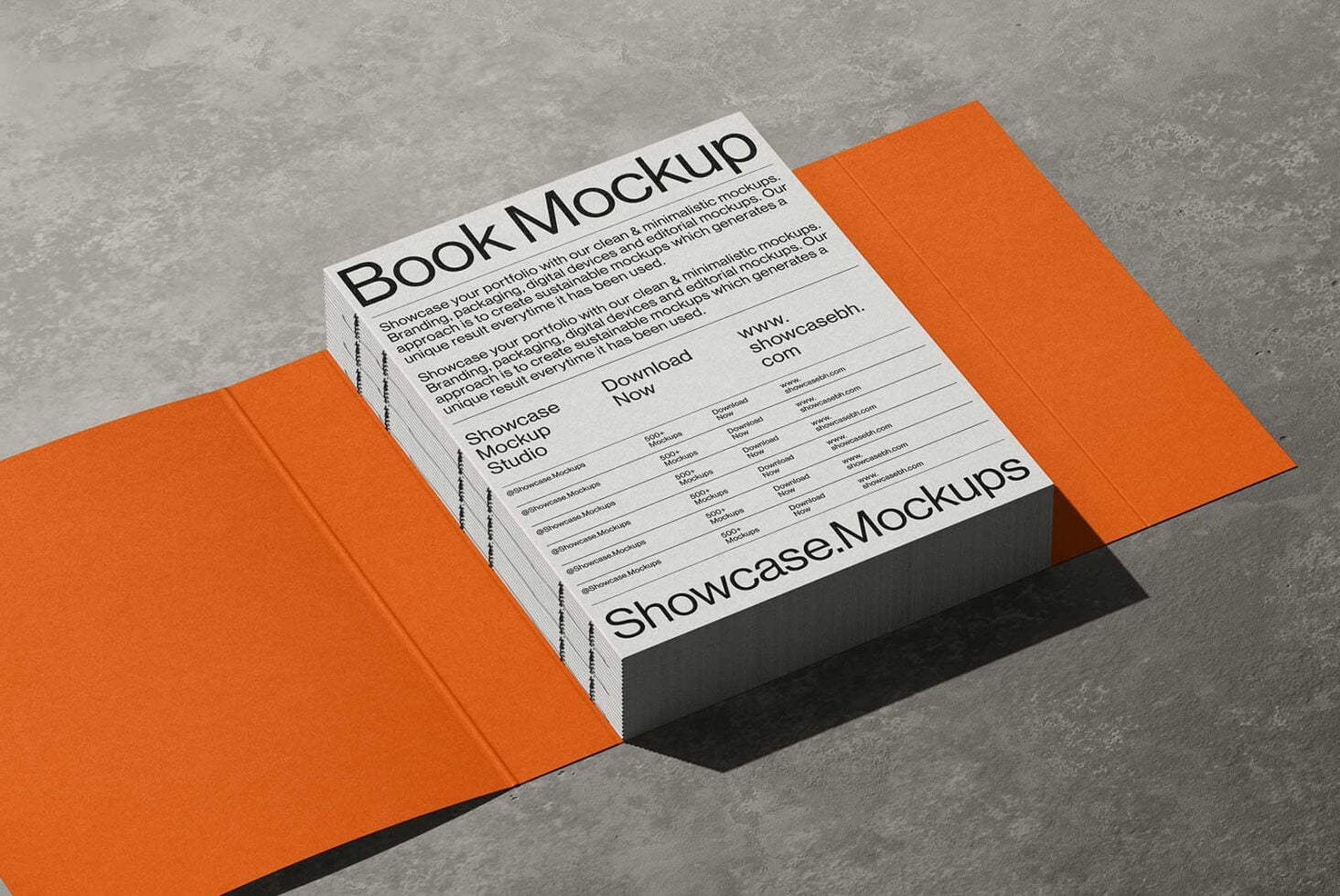 Open book mockup with bright orange cover on concrete background with shadow