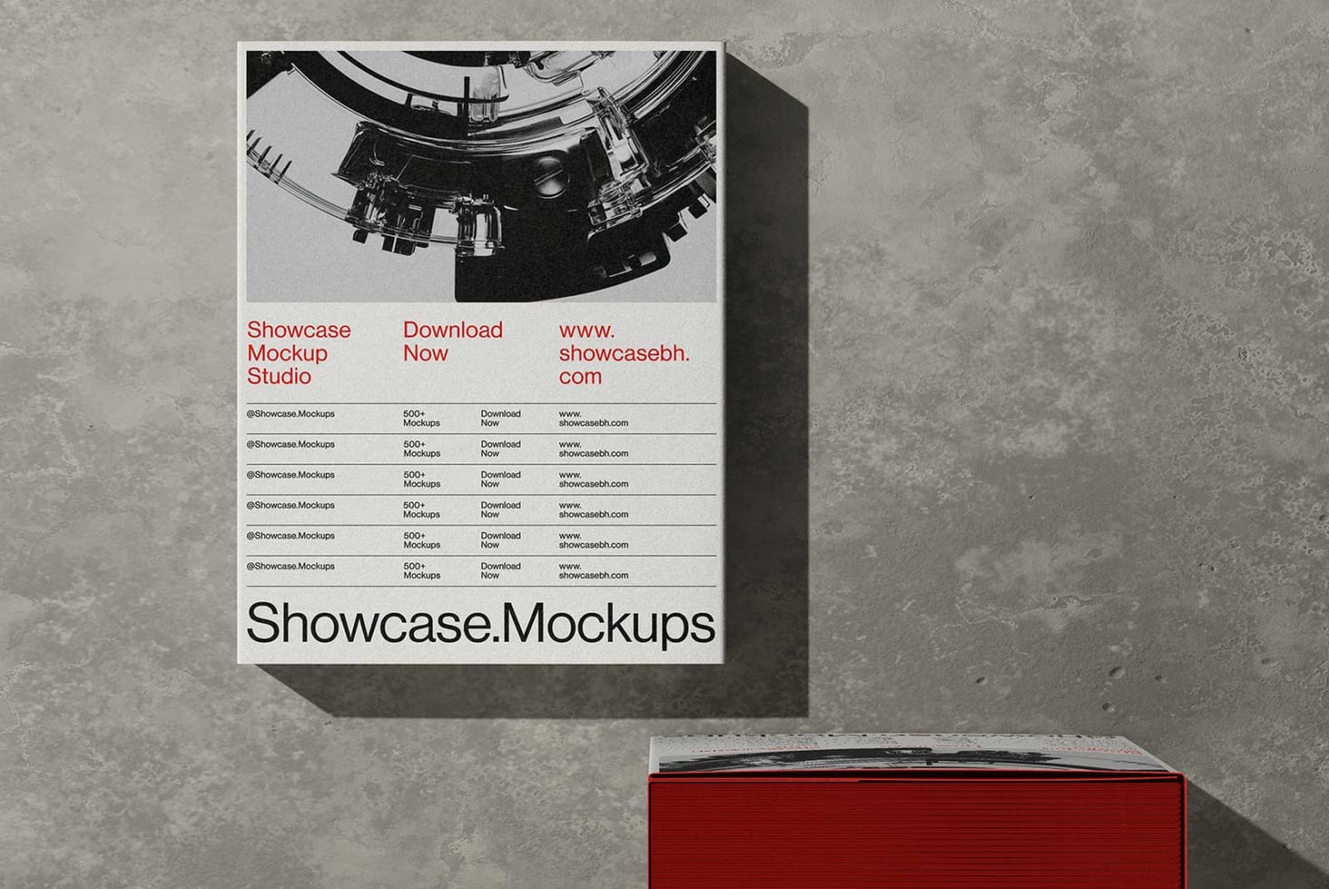 Framed poster mockup on concrete wall with red box below, showing minimalist studio design layout